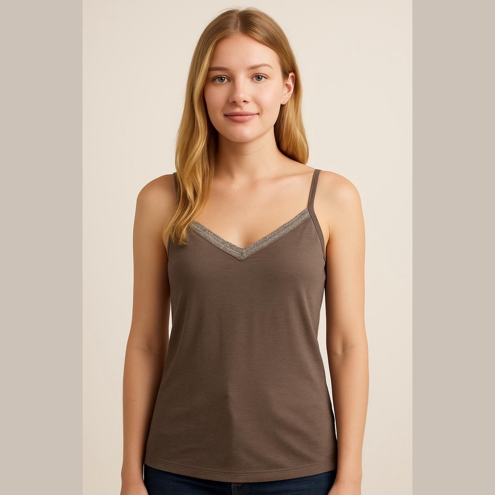 Aerie Brownish Taupe Cami Tank Top Size Medium Lace Trim Vintage Y2K NWOT